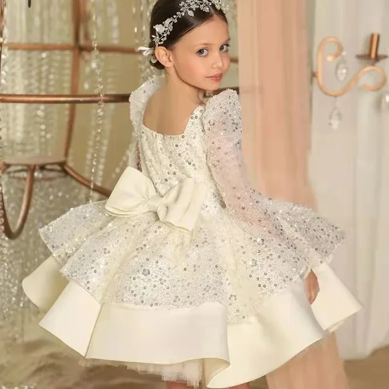 Vestidos de fiesta exuberantes con ilusión de purpurina blanca para niña, vestido de princesa hinchado con capas, vestidos de primera comunión de cumpleaños lujosos y brillantes