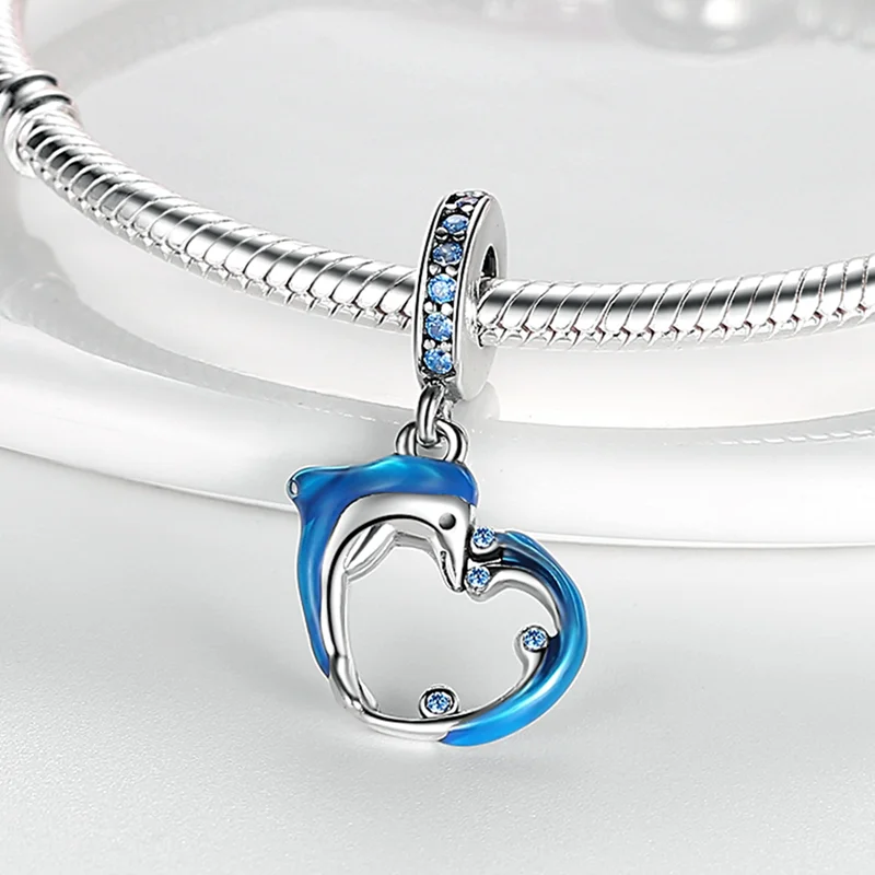 Dolphins Playing Charms Bead 925 Sterling Silver CZ Zircon Blue Golden Dolphin Dangle Fit Original Bracelet DIY Jewelry Gift