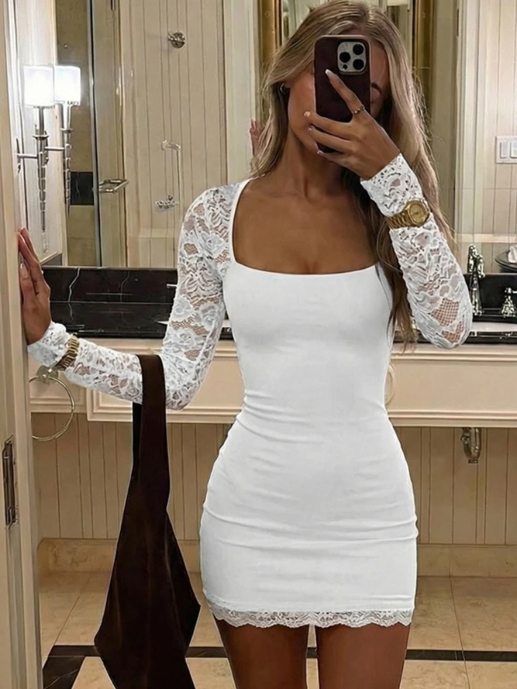 Ropa de mujer de encaje de retazos de manga larga vestido blanco ropa de calle Sexy ceñido al cuerpo paquete cadera corto fiesta noche Club vestidos negro