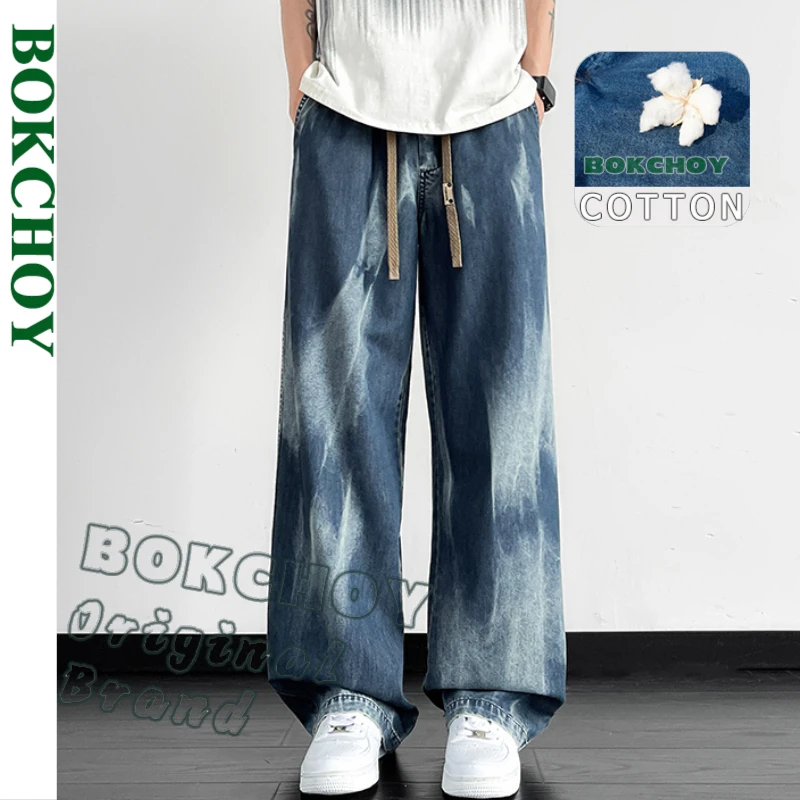 2025 Spring Summer New Fashion Cotton Straight Jeans for Men Clothing Drawstring Loose Men Pants YBJYF-2591