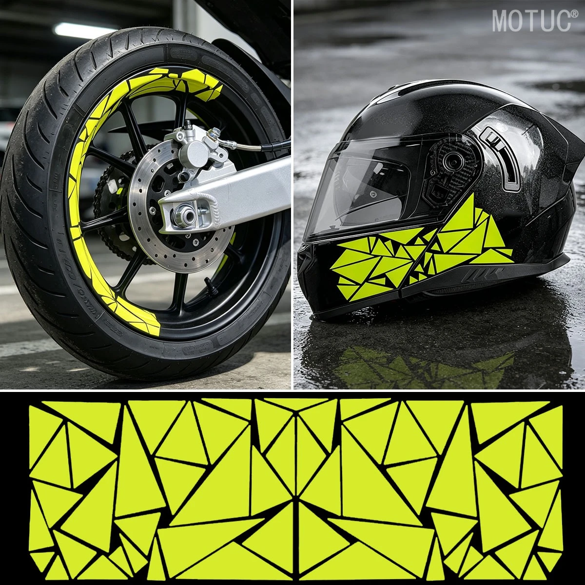 2D Flat Fluorescent Yellow Geometric Vinyl Sticker 3Sets,Waterproof UV Resistant, for Motorcycle Helmet Tank Decor, Holiday Gift