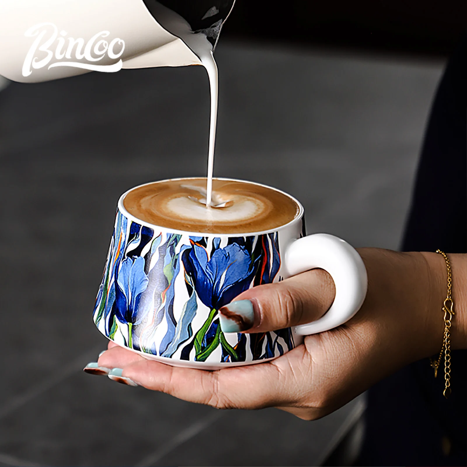 BINCOO 260ml Ceramic Coffee Cup with Saucer Set Cappuccino Cup Art Latte Espresso Mug for Afternoon Tea Home Barista Accessories - view 6
