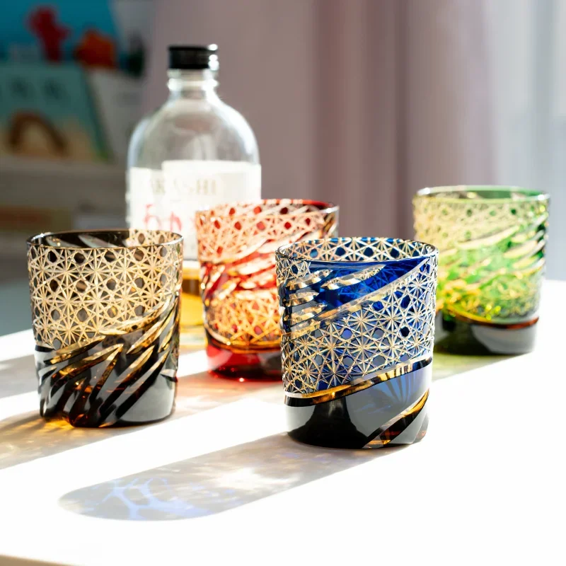 Japanese Vintage Edo Kiriko Whiskey Cup High Grade Crystal Wine Glass Dragon Eye Pattern Medieval Hand Cut Whisky Glass Gift Box