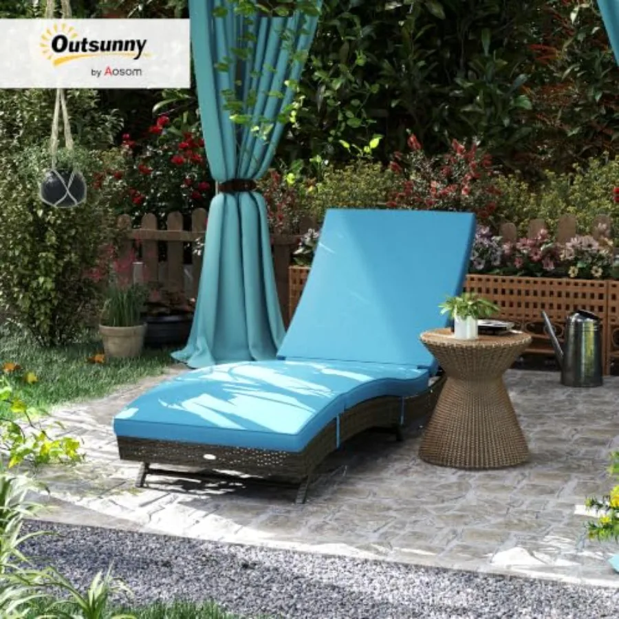 Wicker Chaise Lounge Chair for outdoor use, natural rattan material, beige color, 5-level adjustable backrest for customizable