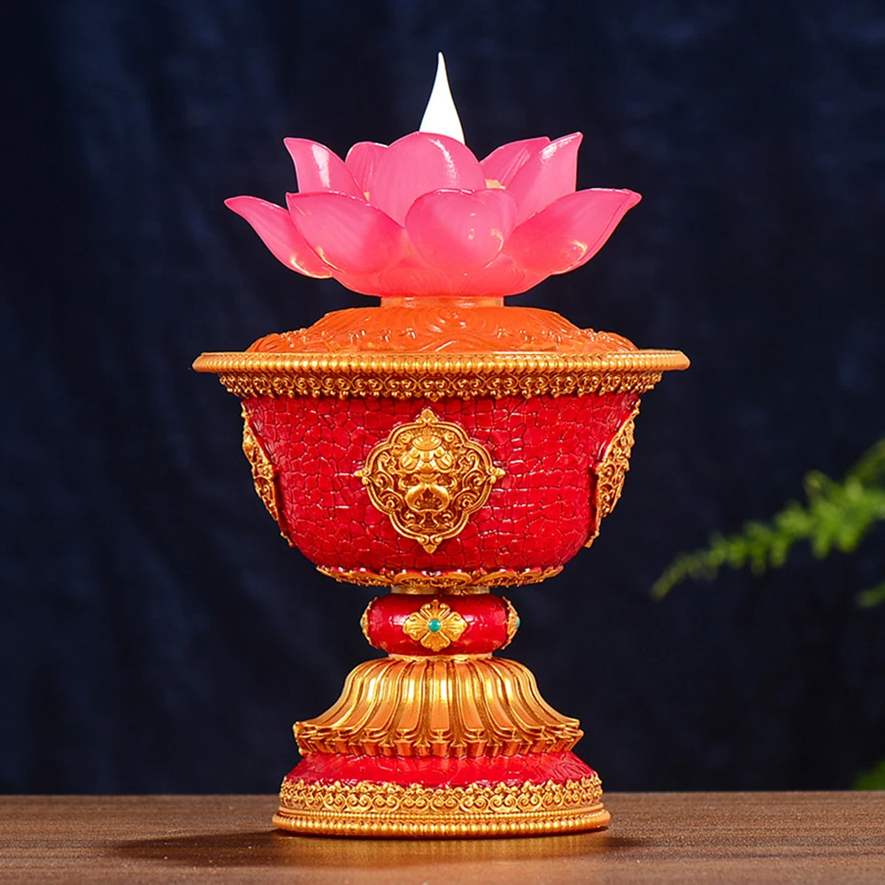 Tibetan Electronic Lotus Lamp, Plug In Style Butter Lamp, Eight Auspicious Symbols Eternal Lamp, LED Altar Offering Lamp Decor