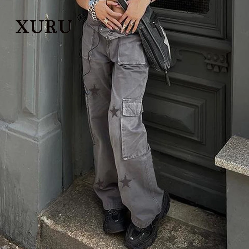 XURU-Women's Low Waisted Denim Pants, Street Retro Style Workwear, Star Printed, Large Pocket Design, Casual, K5-6692