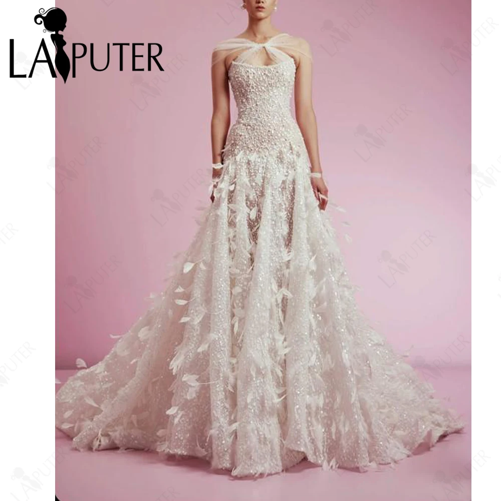

Luxury Ivory Prom Dress Halter Tulle Neck Sparkle Milk White Sequins Pearls Woman Elegant Evening Dress Dropped Waist FormalGown