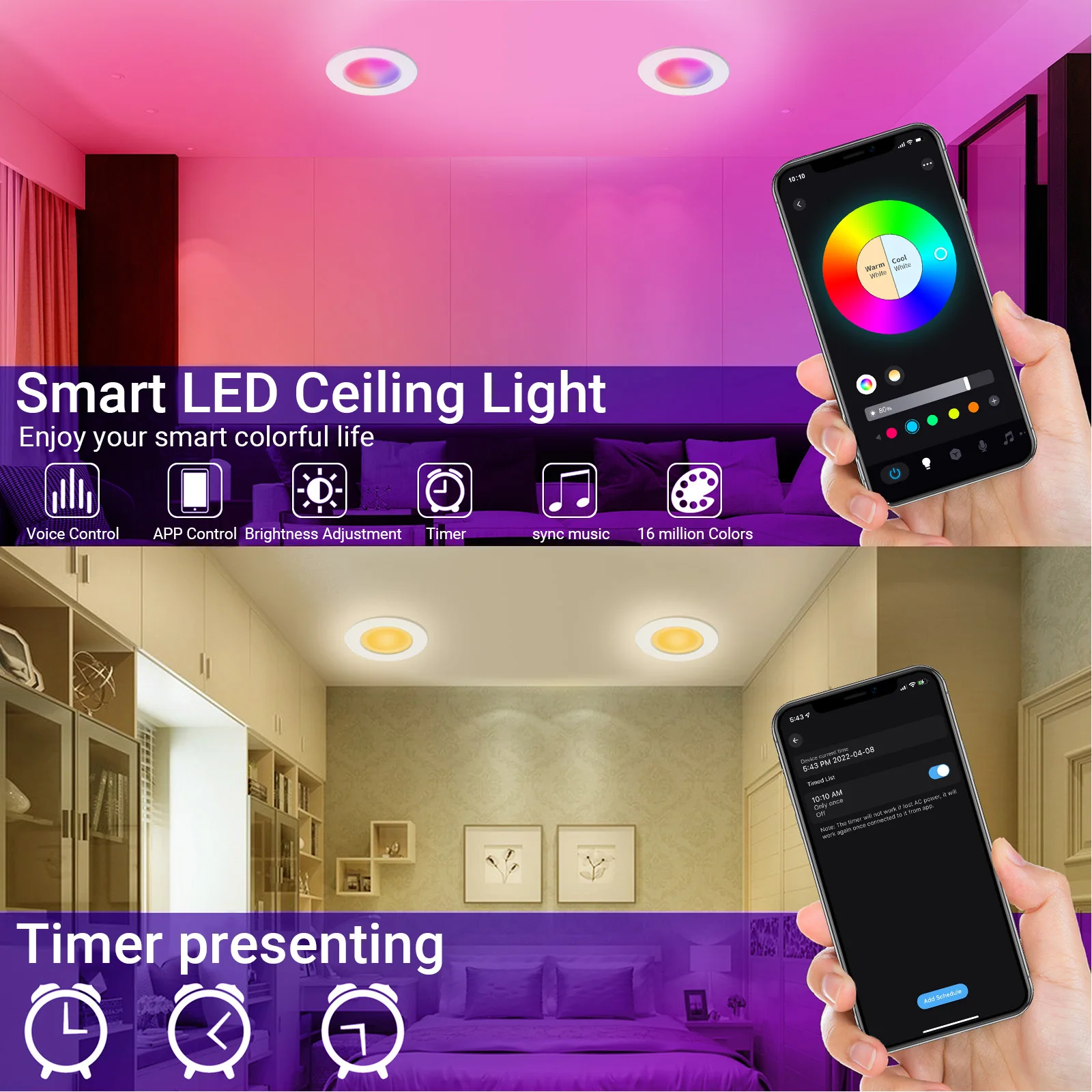 Luz empotrable LED inteligente con WiFi y Bluetooth RGB + CCT que cambia de color: compatible con Alexa y Google Home, luz de sincronización de música regulable