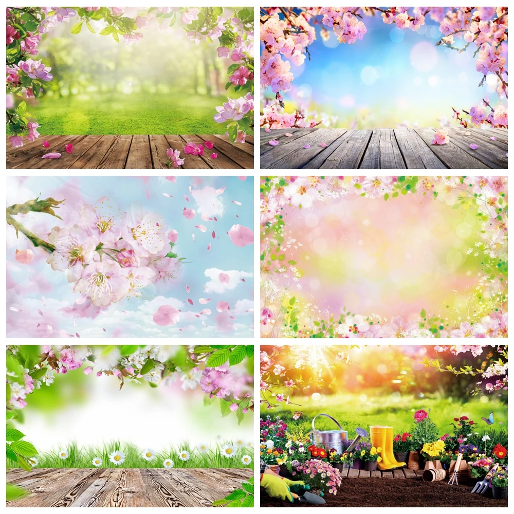 

Spring Pink Flower Photography Backdrop Floral Cherry Blossom Green Leaves Nature Scenery Baby Portrait Background Photo Studio