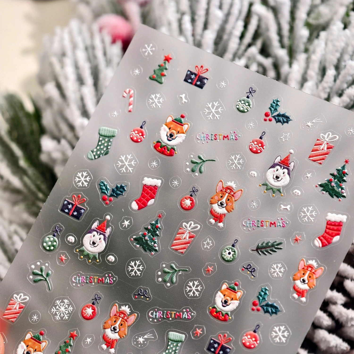 Cartoon Lovely Dog Husky Corgi Albero di Natale Palla Regalo Calza Fiocco di neve 5D Adesivi per nail art in rilievo Decalcomanie per manicure di Natale