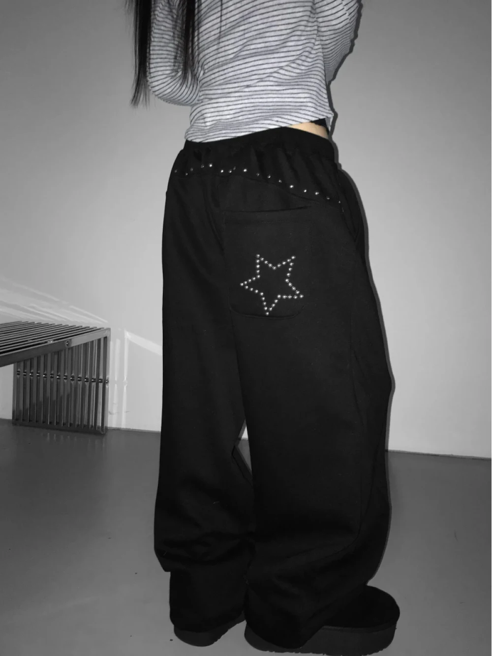 2026 New Dark Sweet Cool Hot Diamond Digital Star Drawstring Wide Leg Casual Pants Loose and Slim Straight Leg Pants Street Punk