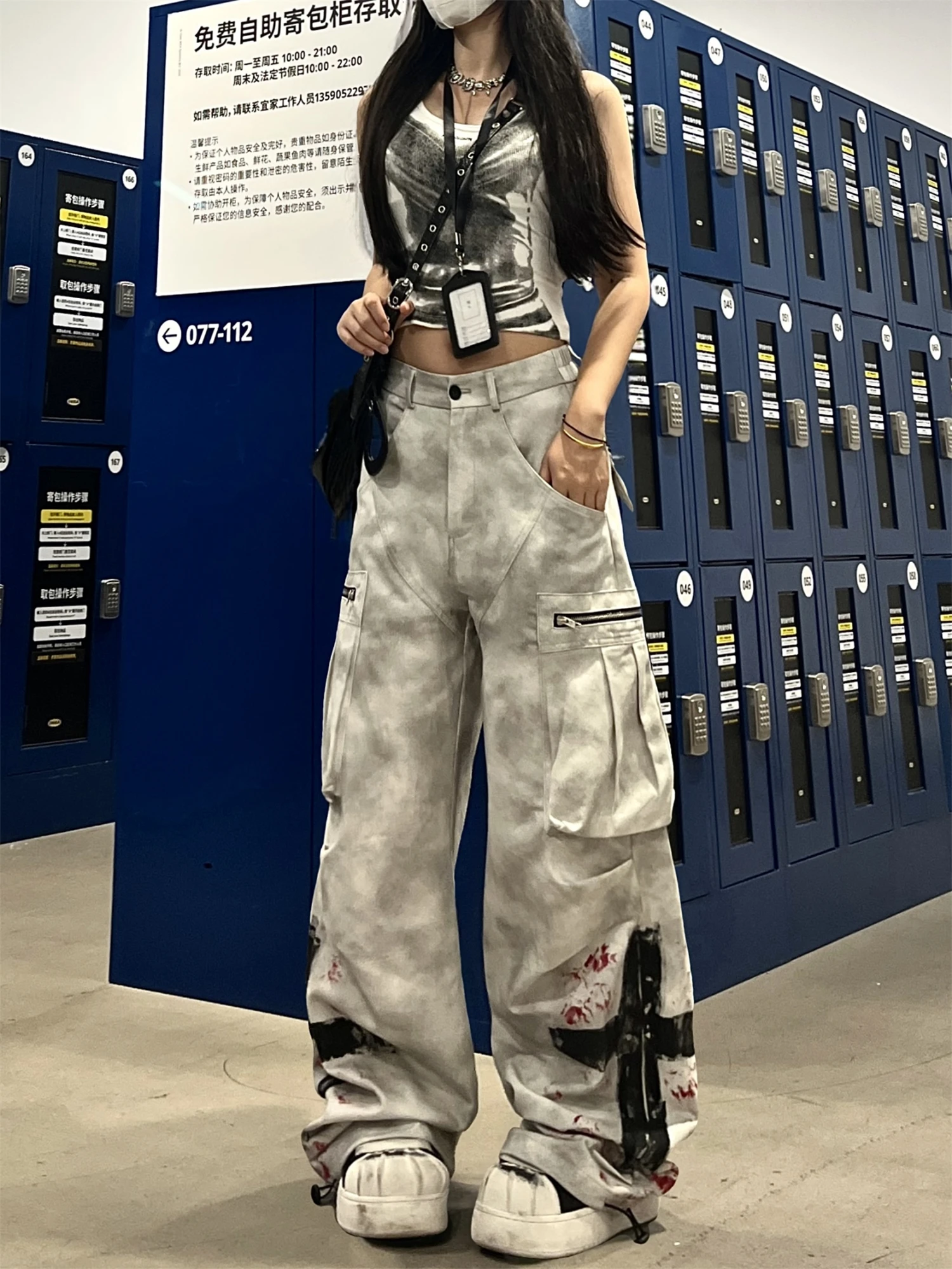 

Y2K Women's High Waist Wide Leg Jeans Gray Tie - Dye Multi - Pocket Zipper Graffiti Print Streetwear Fashion Denim Trousers