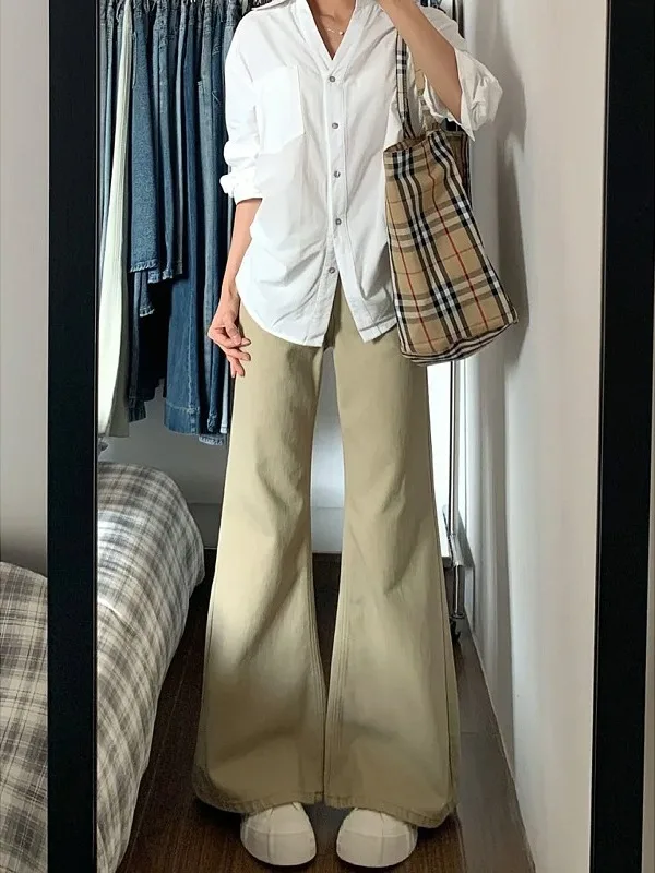 

Женские джинсы цвета хаки, расклешенные брюки, свободный крой, осень-зима, повседневная одежда большого размера, удобные джинсовые брюки, универсальная высокая талия