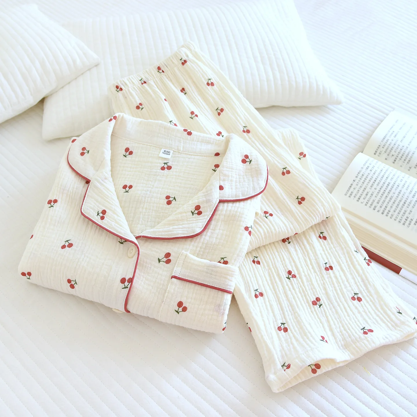 Print Cherry Cotton Long Sleeve Cardigan Pants Pajama Set Women Autumn Outer Wear Homewear