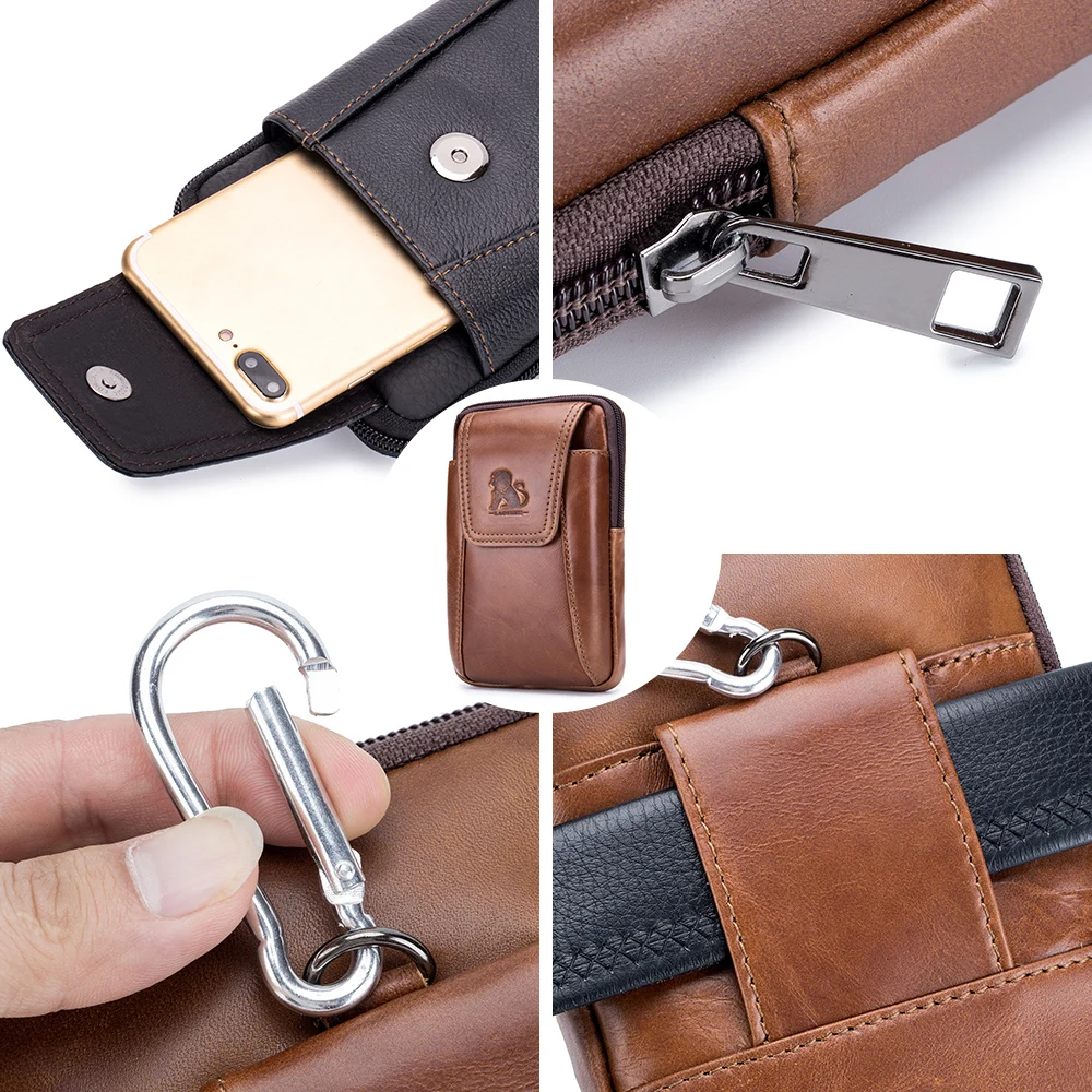 Top layer cowhide men\'s belt bag for casual outdoor mobile phone bag, genuine leather waist bag