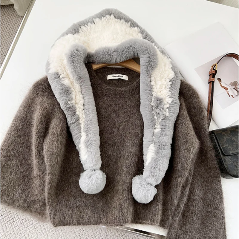 Real Rex Rabbit Fur Scarf Shawl Female Outdoor Neck Warmer Collar Natural Rex Rabbit Fur Pompoms Scarves Handmade Fur Scarf Lady