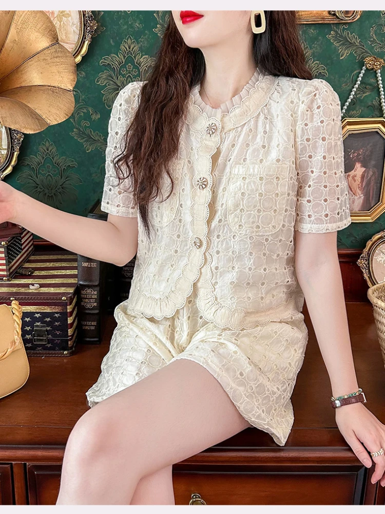 Summer Small Fragrance Commuter Suit Women 2024 High Quality Lace Ruffled Stitching Hollow Top Shirt+Wide Leg Shorts 2-Piece Set