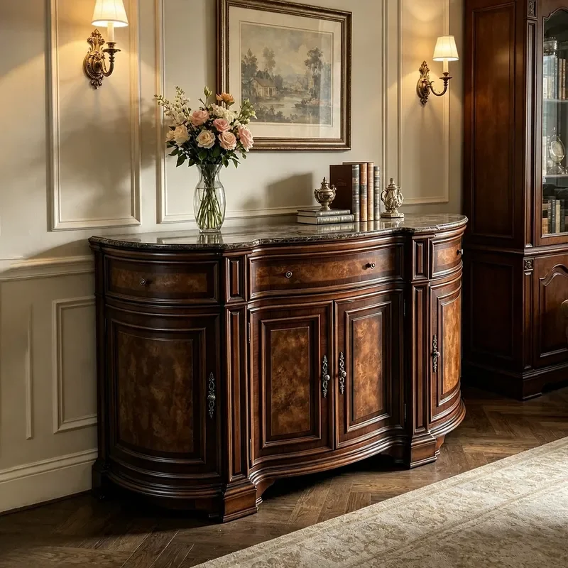 Retro Solid Wood Carved Flower Wine Cabinet Antique Villa Dining Sideboard Living Room Glass Display Storage Furniture