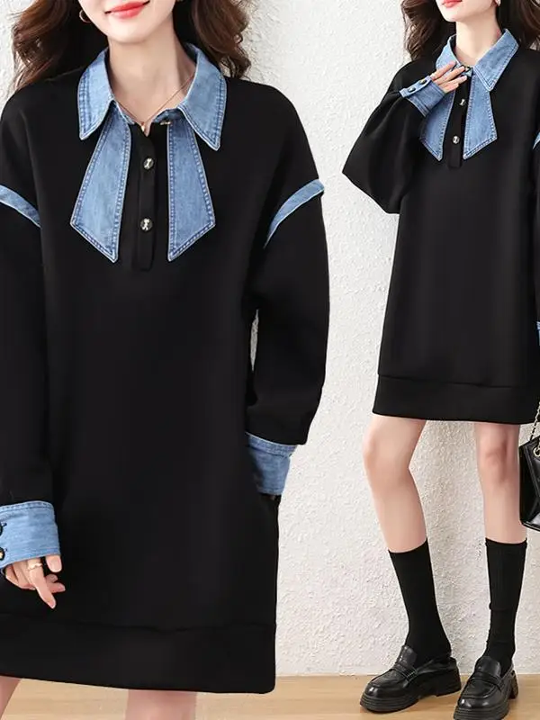 

Spring 2026 Faionable Spliced Denim Sweatirt Women's Mid-Length Butt Covering High-End Jeans Patchwork Comfortable Top