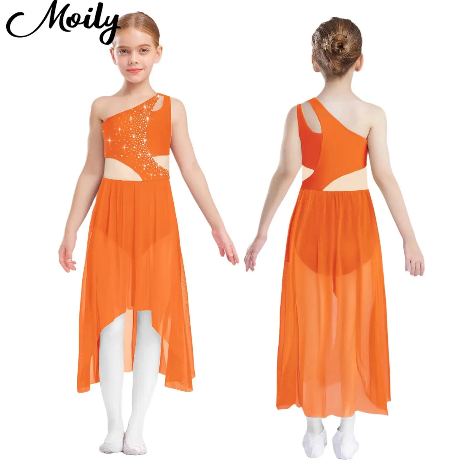 

Kid Girl Lyrical Dance Dress Contemporary Modern Dance Costume One Shoulder Sleeveless Rhinestones Mesh Dress Ballroom Dancewear