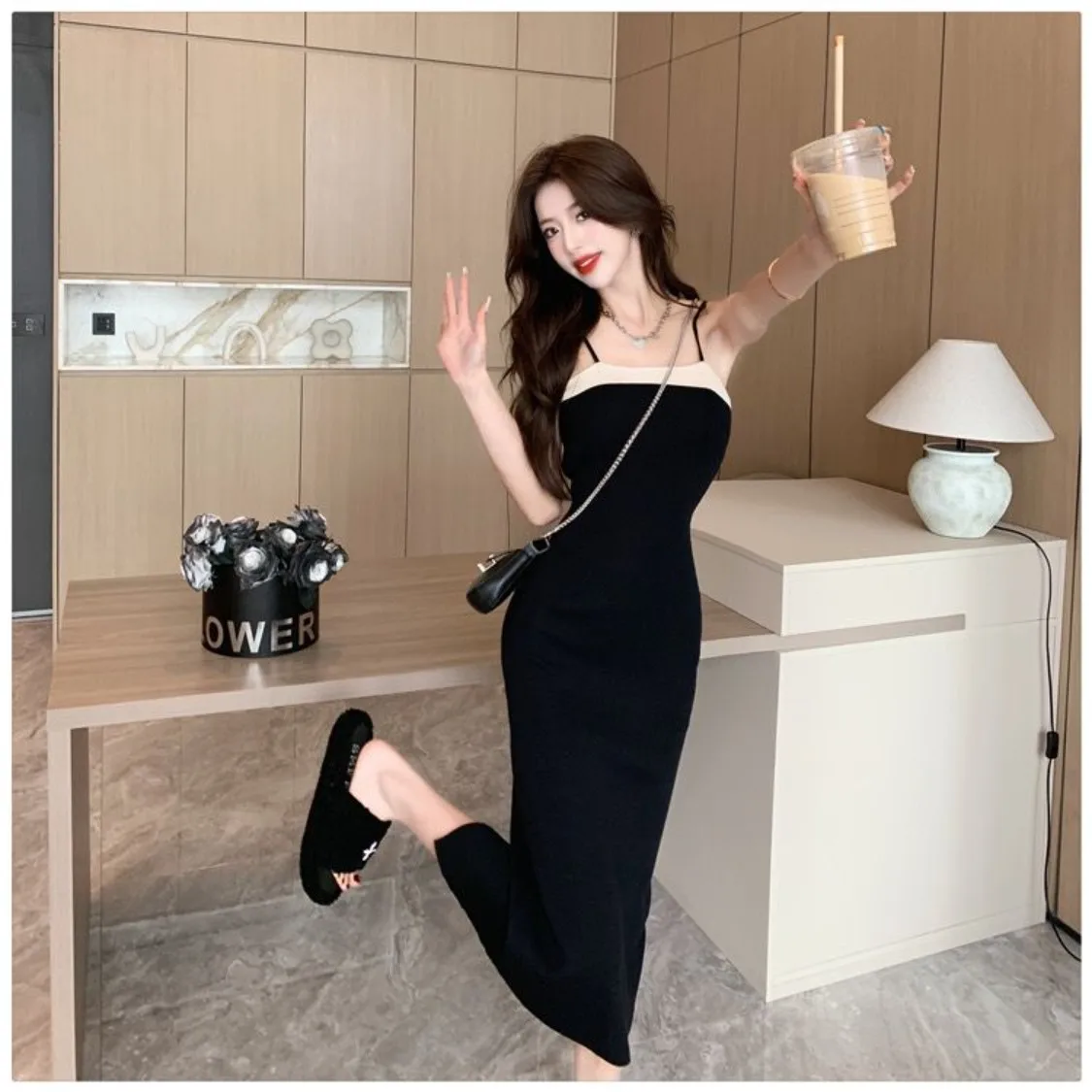 

Sexy Knitted Color Block Strap Dress Women's Slim Fit Long Skirt Spring Autumn Winter Korean Style Casual Wear for Various Oc...