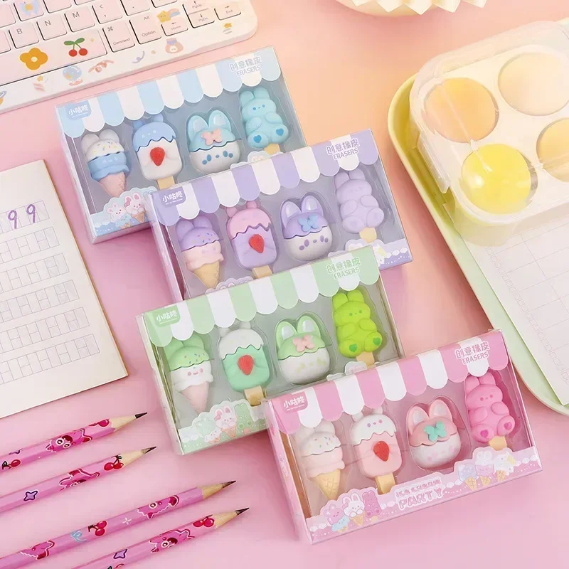 4pcs/set Cute Ice Cream Erasers Cute Rubber Pencil Eraser Kids Correction Tools Korean Stationery Students Gifts Office Supplies