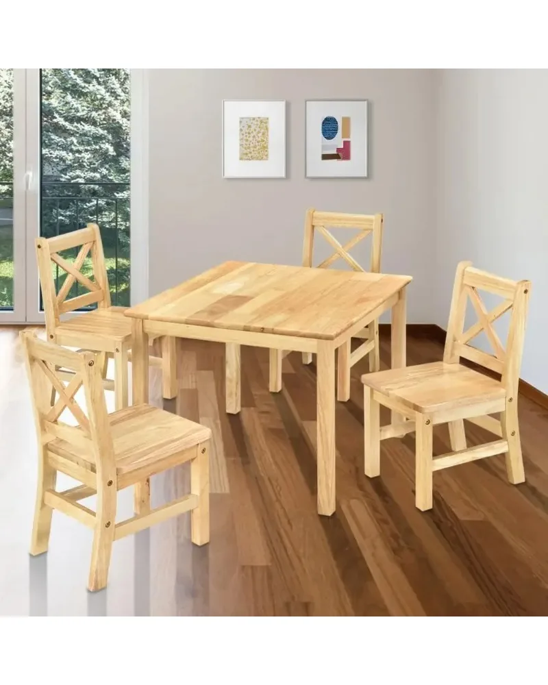 طقم طعام للأطفال من الخشب الصلب الطبيعي مع 4 كراسي