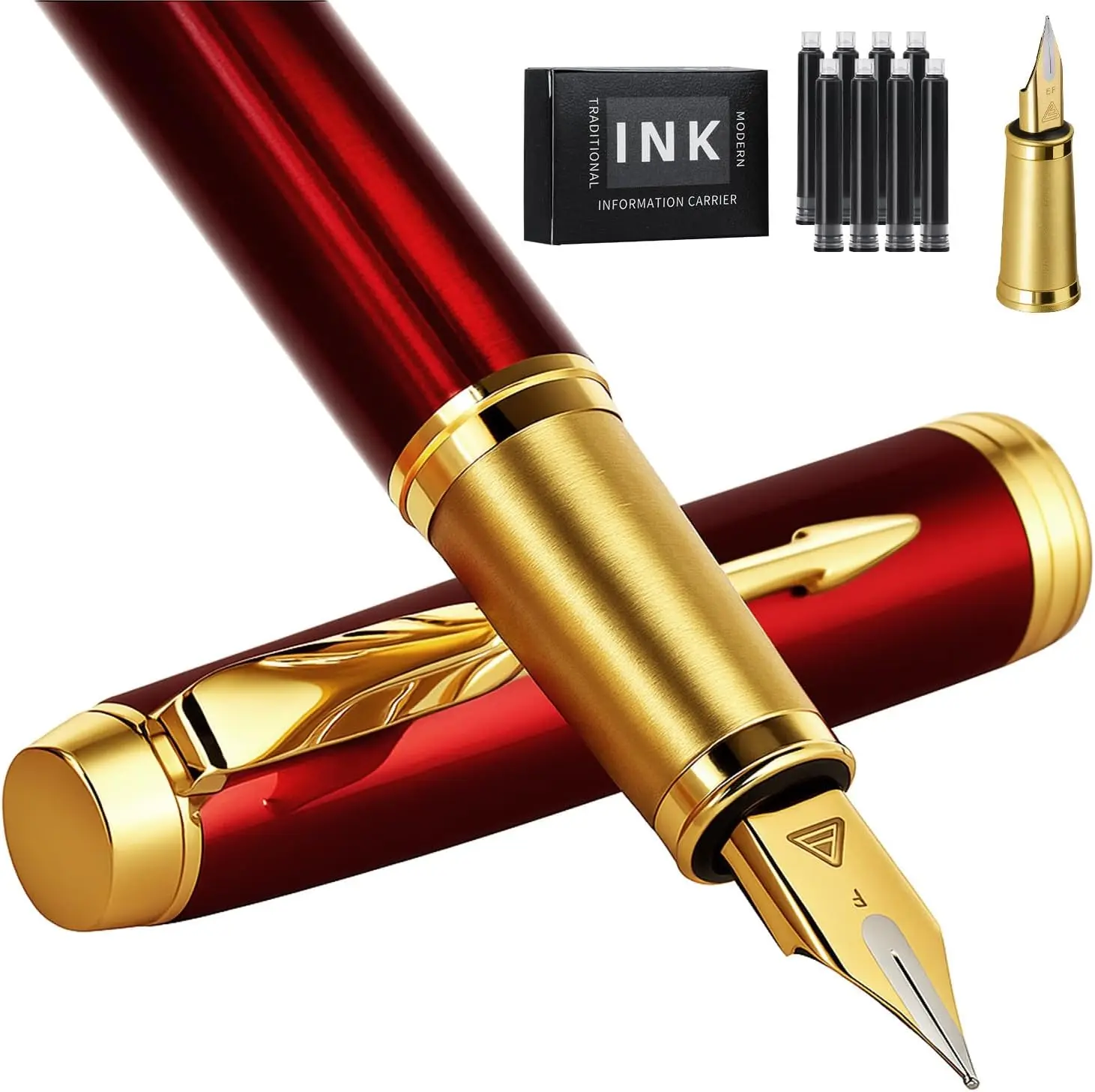 

Luxury Fountain Pen with Fine Point Smooth Writing, Gift Case, 10 Ink Cartridges & Converter - Red