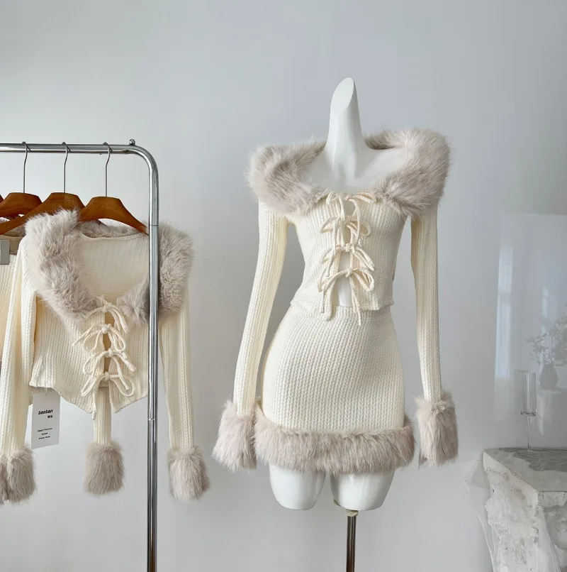 

Fall and Winter New Women Knitted Dress Fur Collar Splicing Long Sleeve Short Slim Cardigans + High Waist A Line Mini Skirt