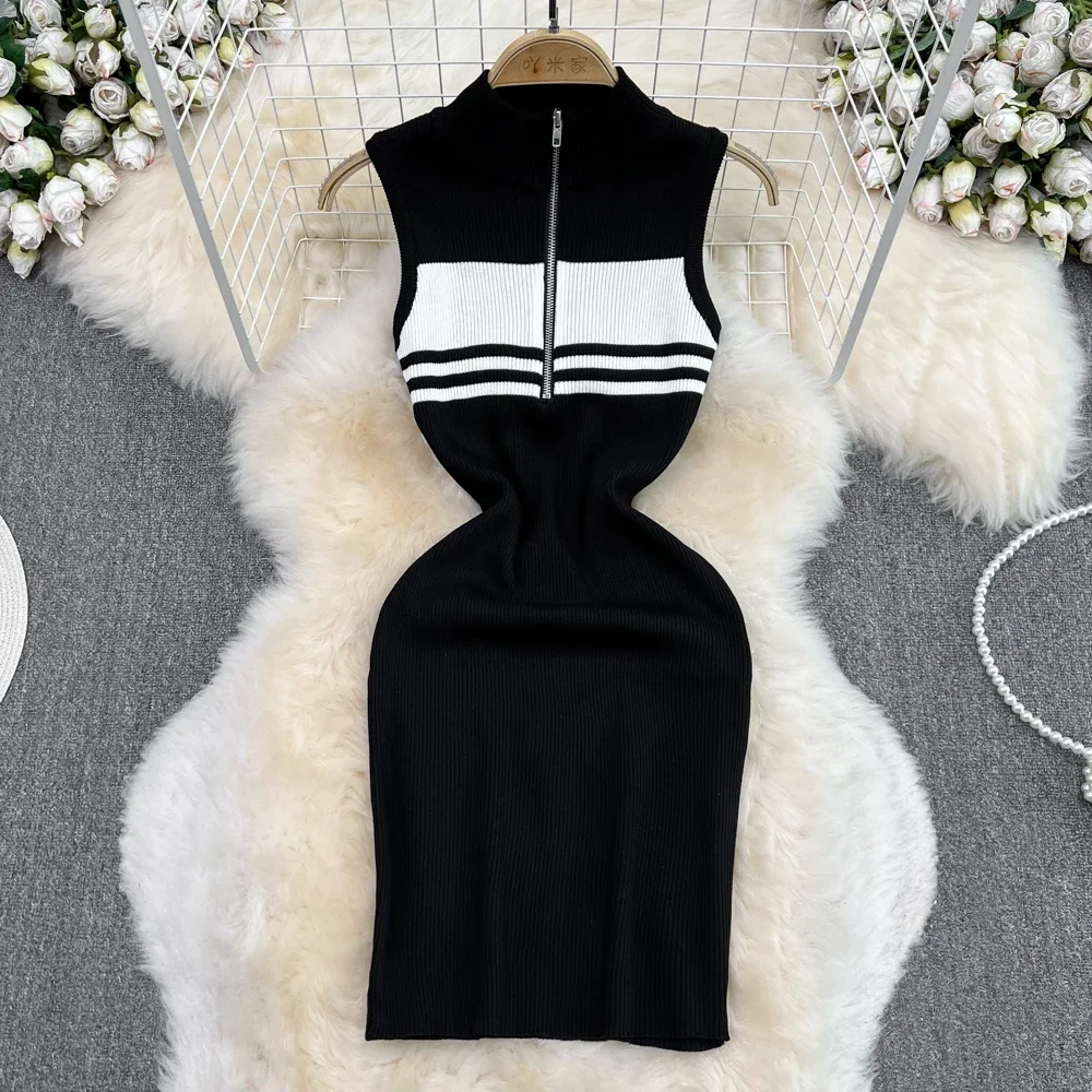 Sexy Summer Knit Strap Dress Women Tank Elatic Waist Bodycon Sundress Female Beach Strip Midi Dress