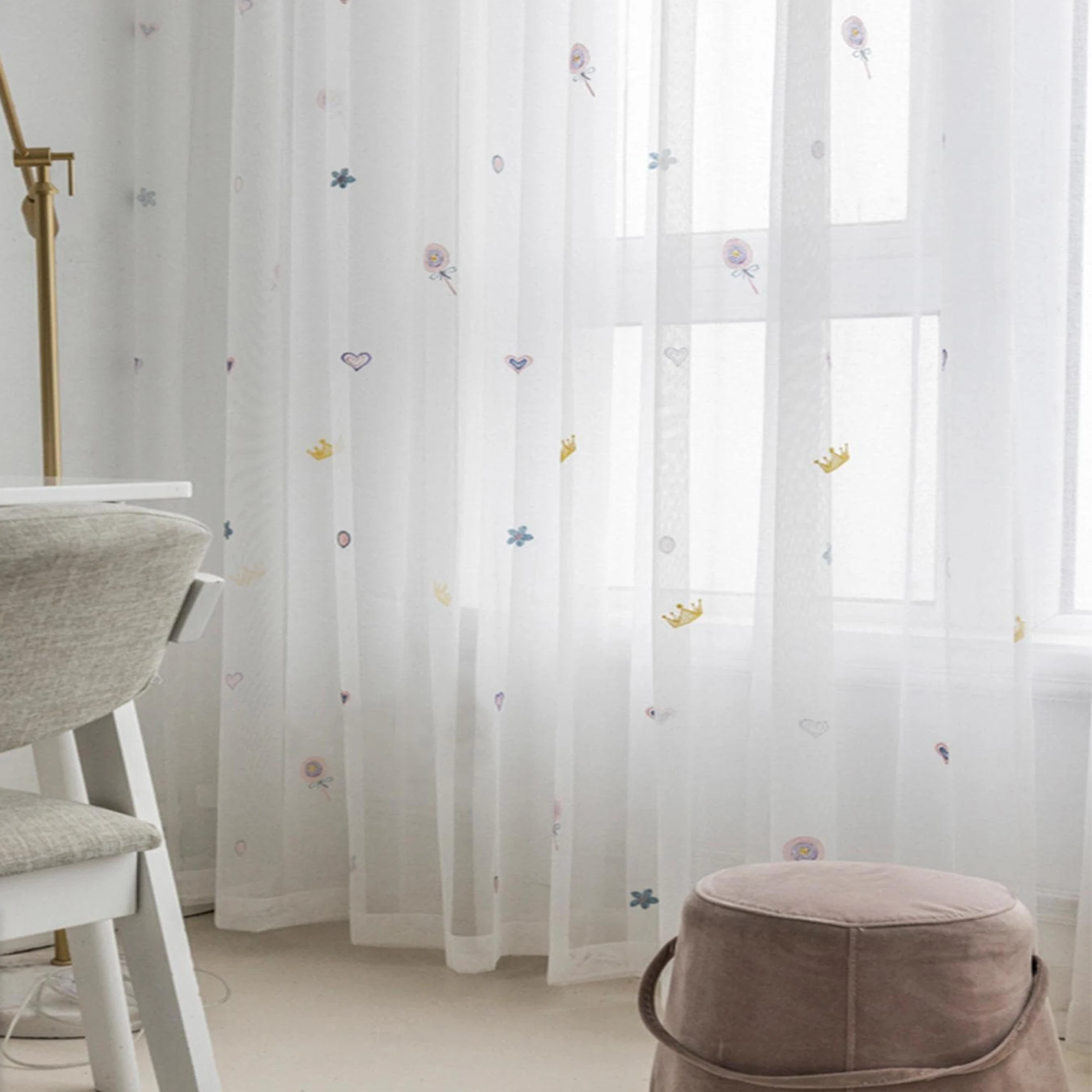 1pc modern style white sheer curtain with lollipop embroidery design,Mosquito prevention,breathable,for bedroom, living room