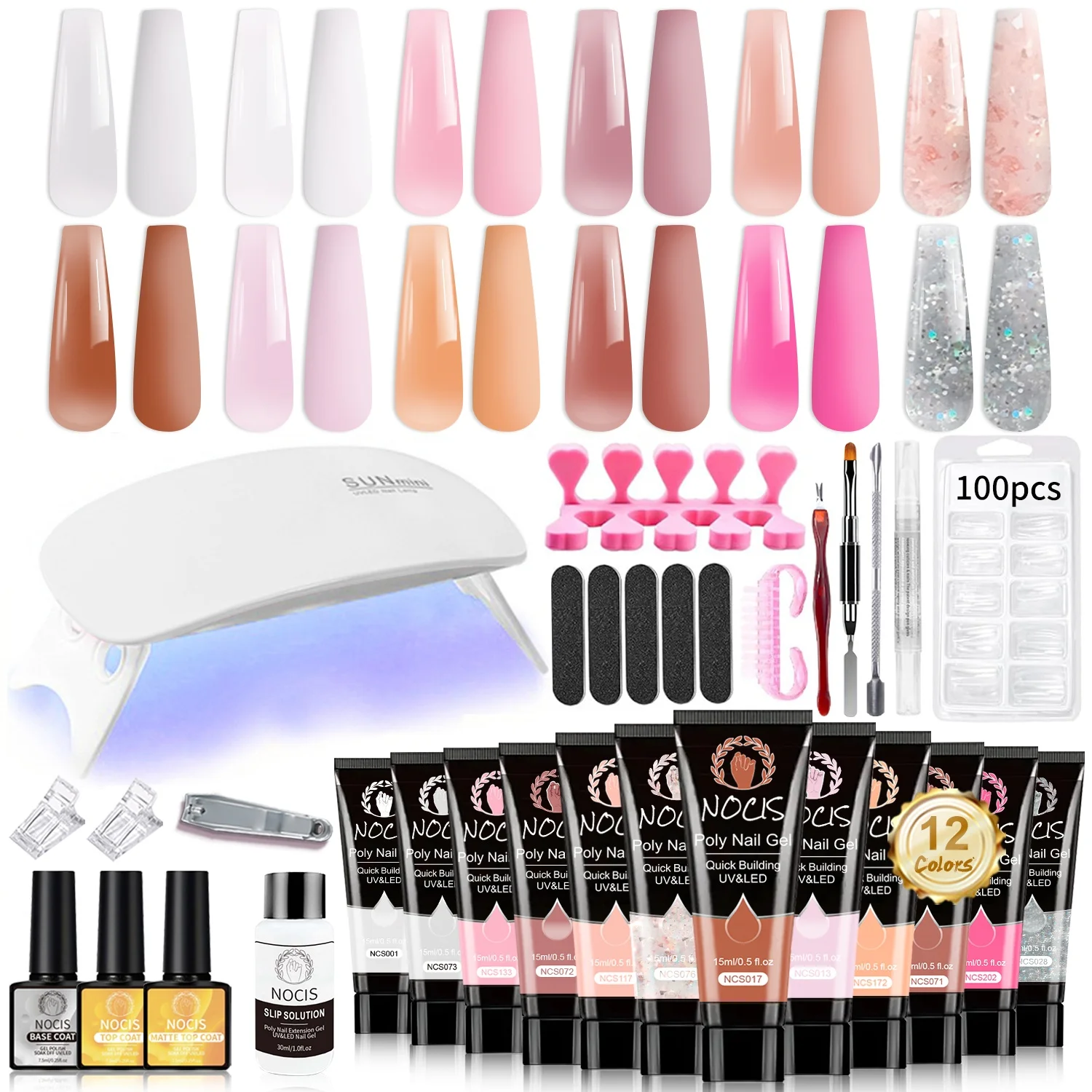 

Набор для наращивания ногтей NOCIS Pink Poly Nail Gel Kit - 12 цветов + набор аксессуаров для нейл-арта, гель для наращивания ногтей в оттенках нюд, стартовый набор с раствором для снятия.
