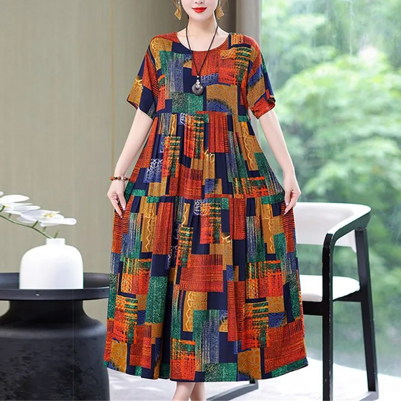 Women Clothes Summer Vintage Print Cotton Linen Beach Dress Fashion Casual Oversize Short Sleeve Elegant Party Long Dresses Robe