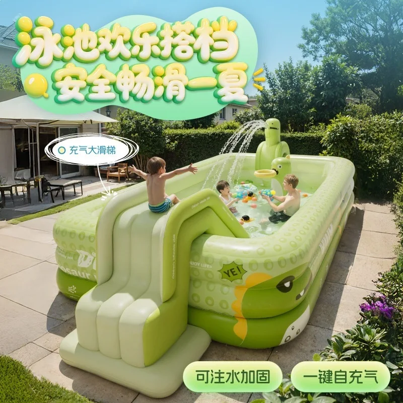 Home Inflatable Pool with Slide, Large Outdoor Family Swimming Pool, Foldable Water Play Center for Backyard