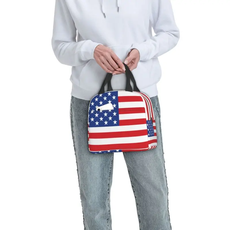 USA American Flag Thermal Insulated Lunch Bags Women United States US Stars Portable Lunch for Camping Travel Food Box