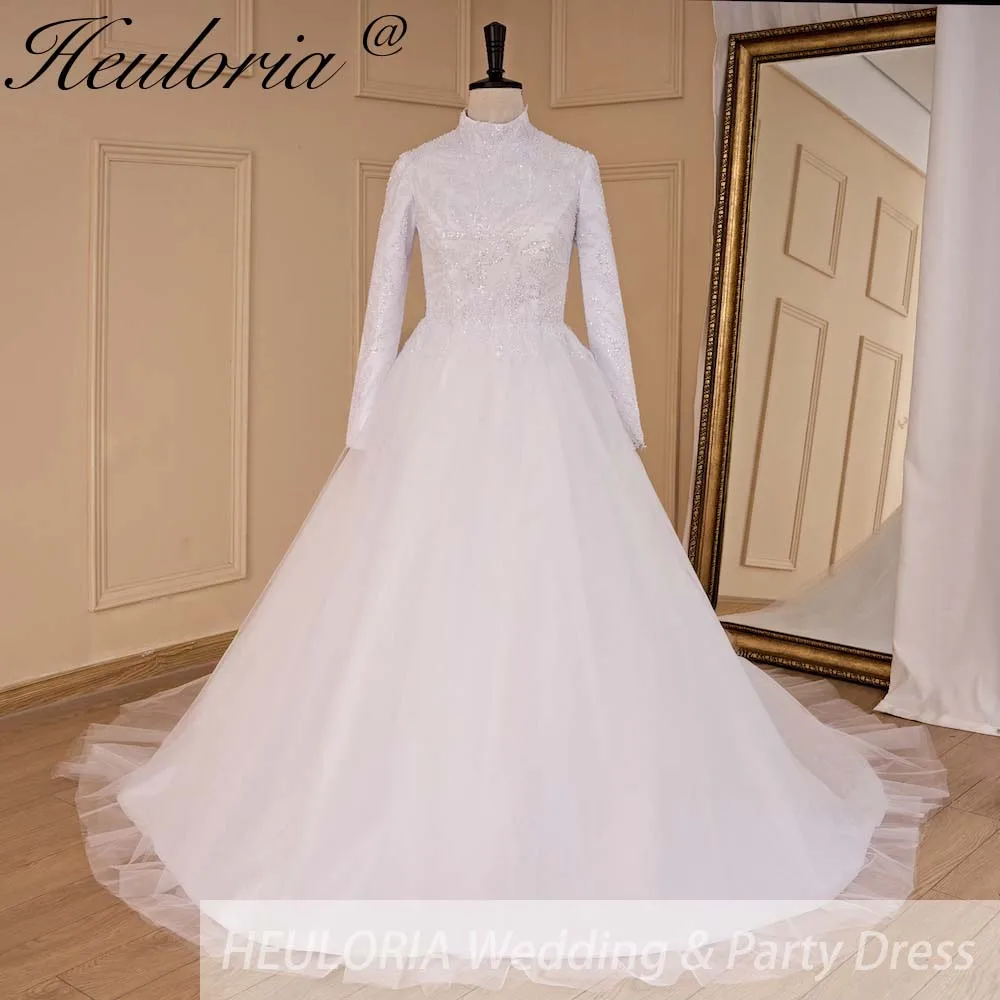 elegant heavy lace beading Muslim ball gown Wedding Dress long sleeve high neck bride dress plus size bride Wedding Gown