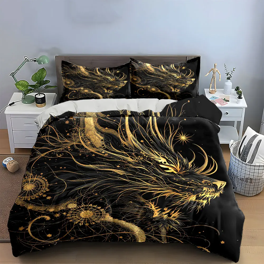 "Golden Dragon Art Decor Set" Bettwäsche-Set mit 1 Bettbezug, 2 Kissenbezügen, Einzelbett, Doppelbett, King-Size-Bett, Queen-Size-Bett, Geschenk