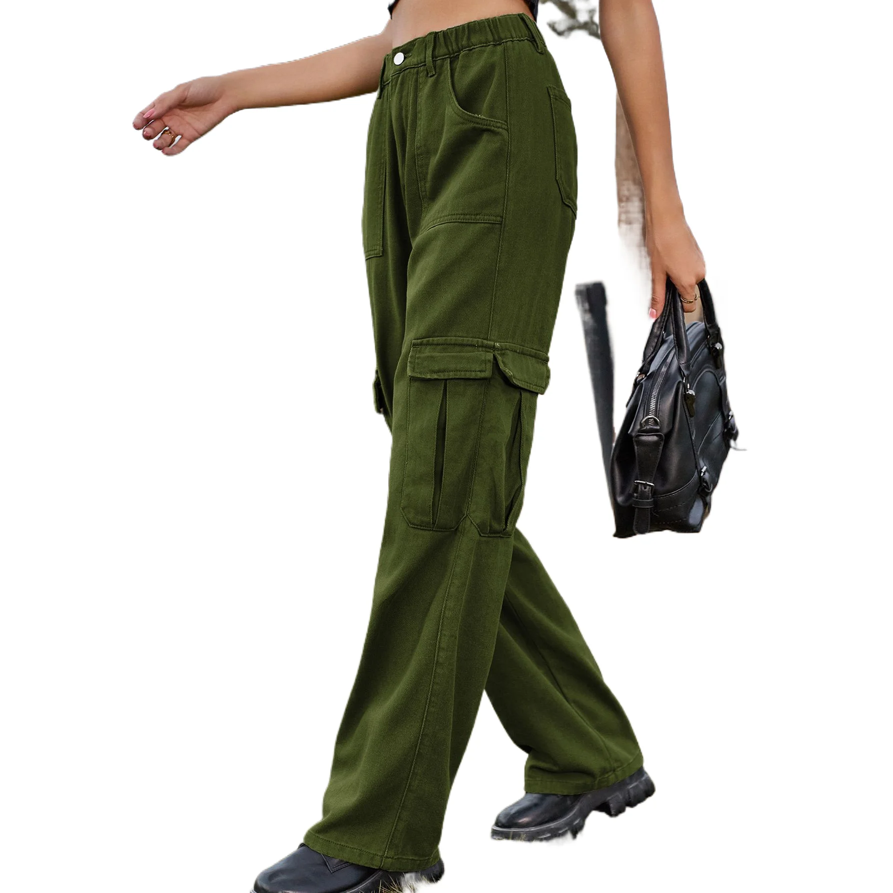 

American-style Personality Stretch Waist Jeans. Ladies' Four-season Fashion Patchwork Pocket Design Straight-leg Cargo Jeans.
