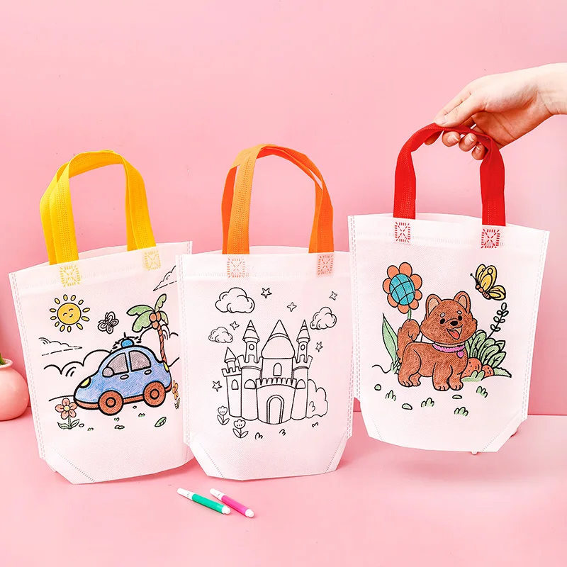 ของเล่นเด็ก ชุดระบายสี DIY กระเป๋ากราฟฟิตีและปากกาสี  กระเป๋าของขวัญผ้าไม่ทอ งานฝีมือ กระเป๋าระบายสีหลากสี รุ่น TMZ