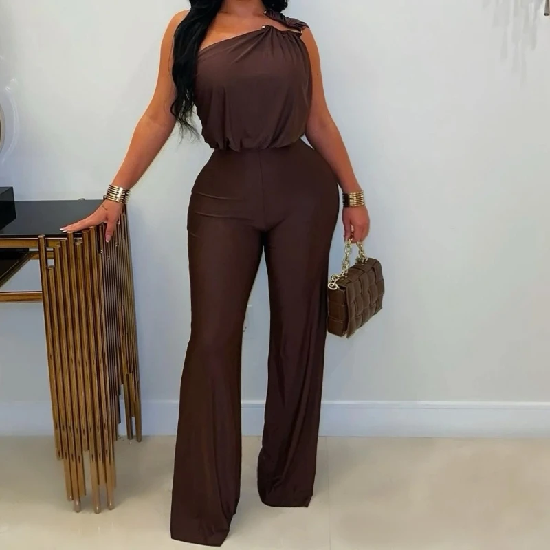 

Winter New Sexy Bodycon Jumpsuits Woman Solid Color Off Showlder Metal Buckle Patchwork Rompers Female Streetwear Overalls