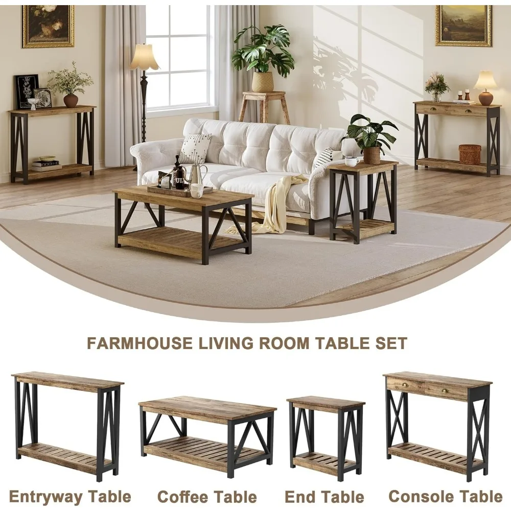 Rustic Oak and Black 40-Inch Rectangular Coffee Table with 2-Tier Storage for Living Room by ChooChoo Farmhouse