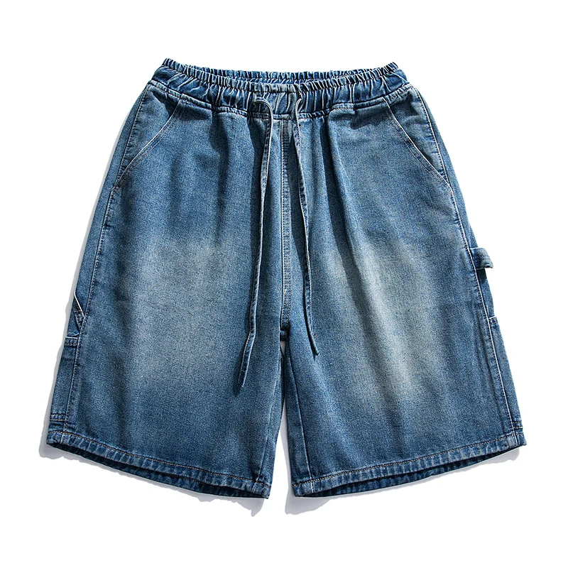 Shorts jeans largos azuis estilo coreano para homens, roupa de trabalho de perna larga, bolso grande, roupa de rua, nova, verão, 2023