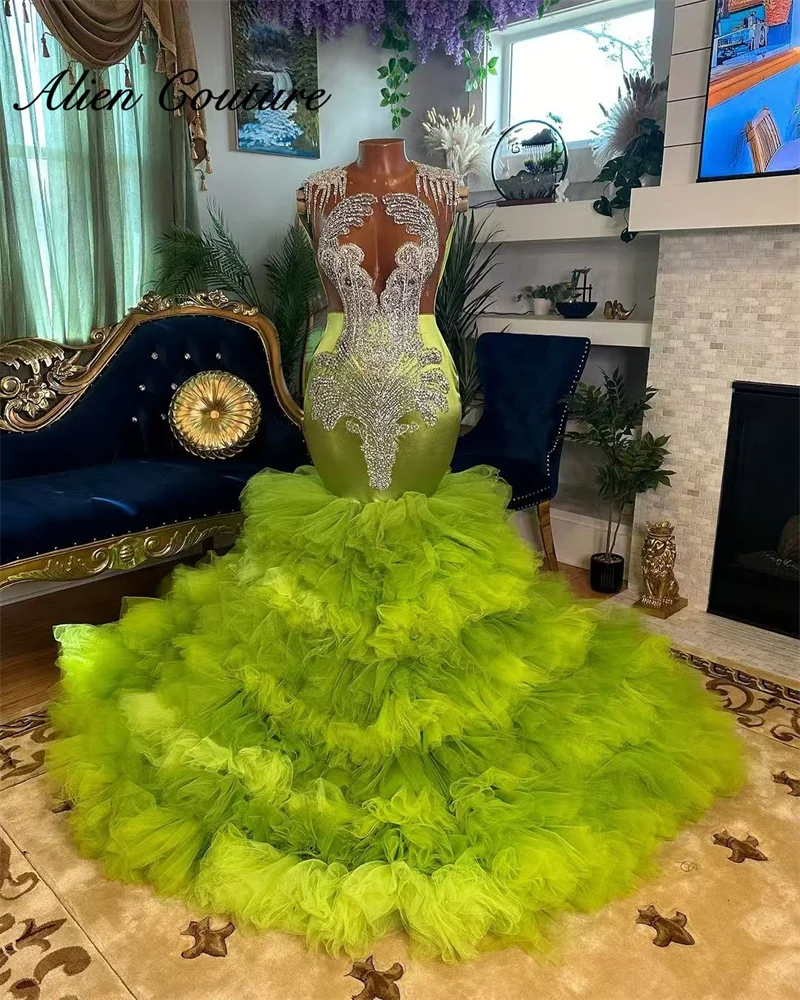 

Exquisite Green Crystals Mermaid Prom Dress Glitter Beads Rhinestones Tassels Birthday Dress Ruffles Evening Gown Customized