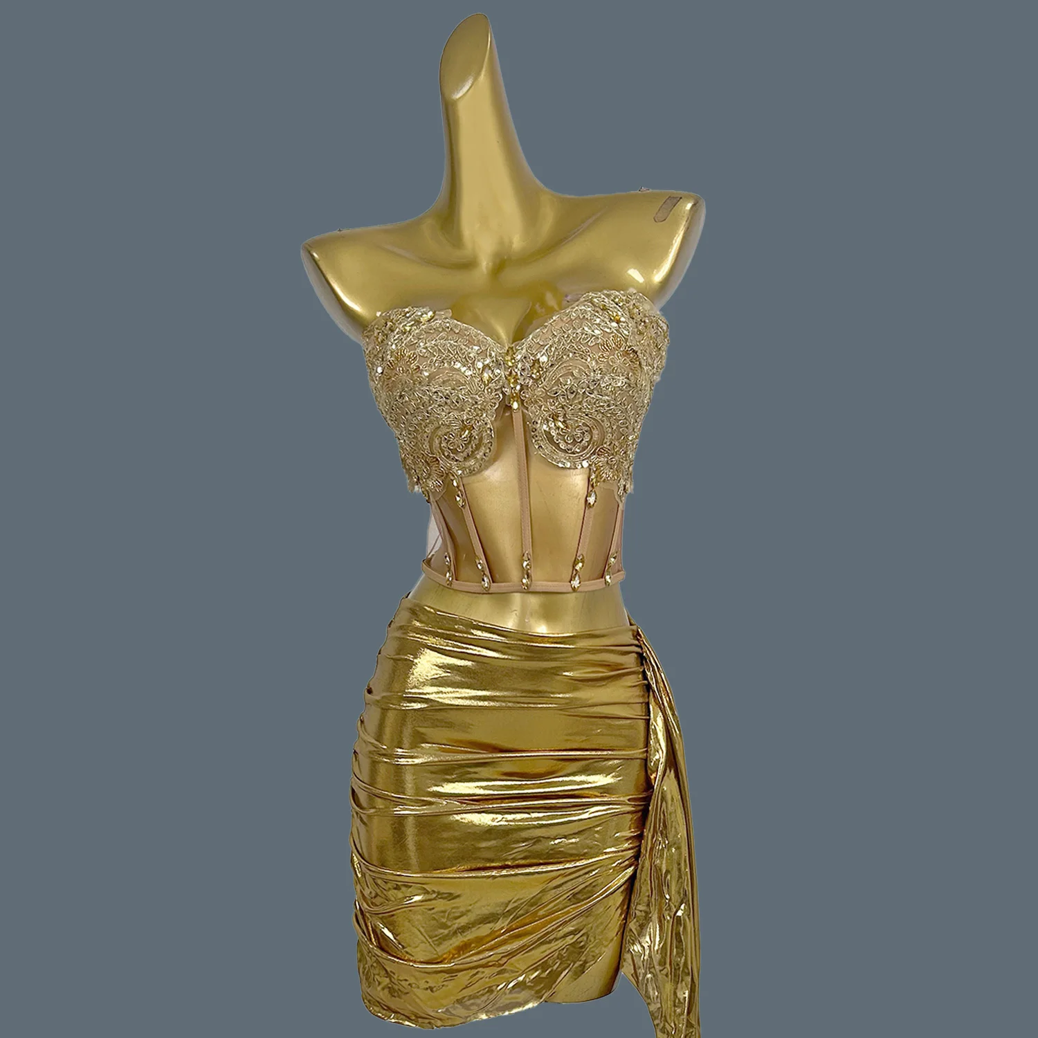 Luxury Gold 2-Piece Set Prom Gown Outfit Formal Occasion Cocktail Dress Sexy Girls Short Prom Dress Birthday Mini Dress Huangjin