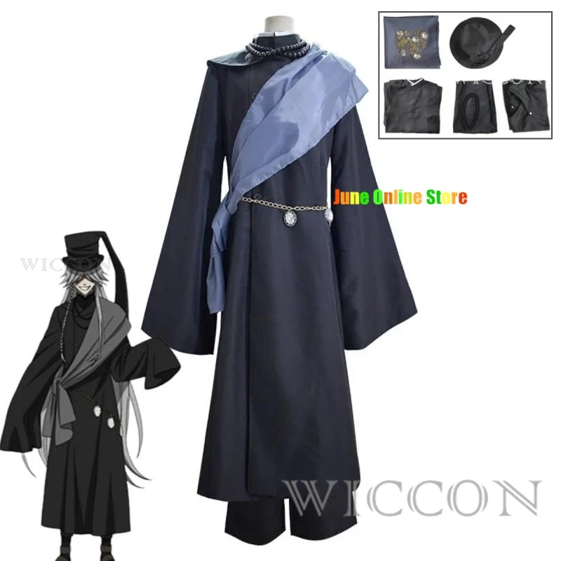 

Anime Black Kuroshitsuji Undertaker Costume Cosplay Butler Halloween Party Costume Full Chain Hat Anime Costume