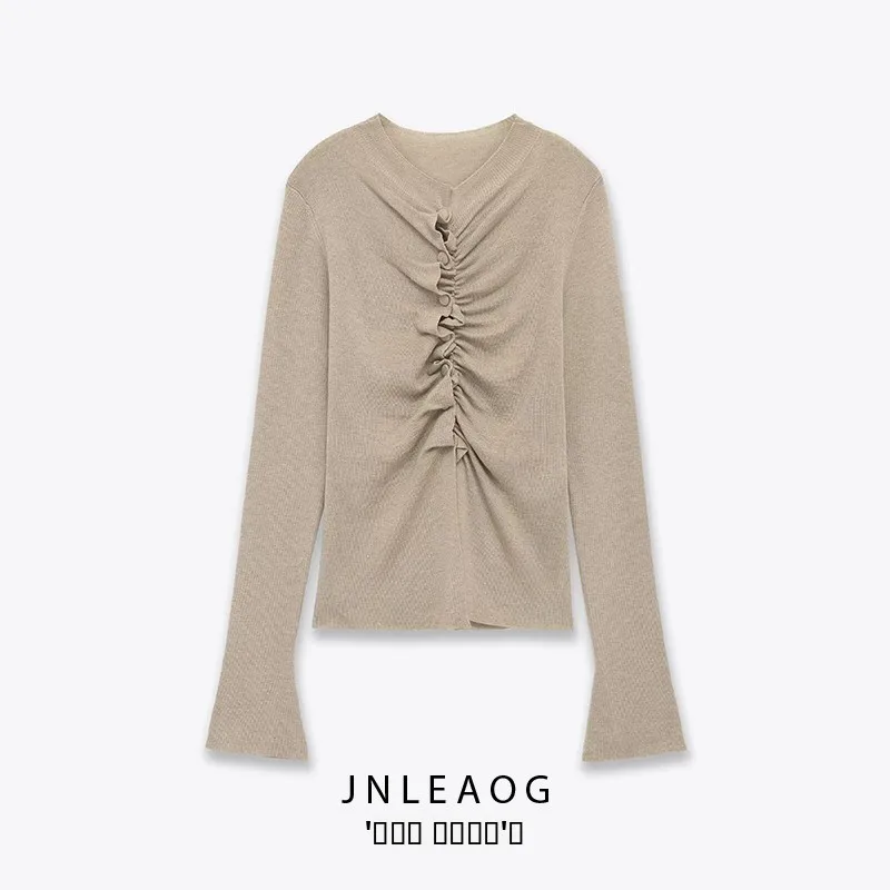 

Faionable Diamond Pattern Knitted Coat round Ne Pleated Women's Wear Autumn New Sle JNLEAOG Polyester Long Sve