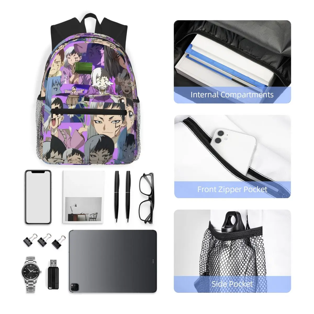 Gen Asagiri Dr Stone Apan Anime Studente Zaino Borsa da scuola Escursionismo Viaggio Zaino per uomo Donna Moda Bookbag Borse a tracolla