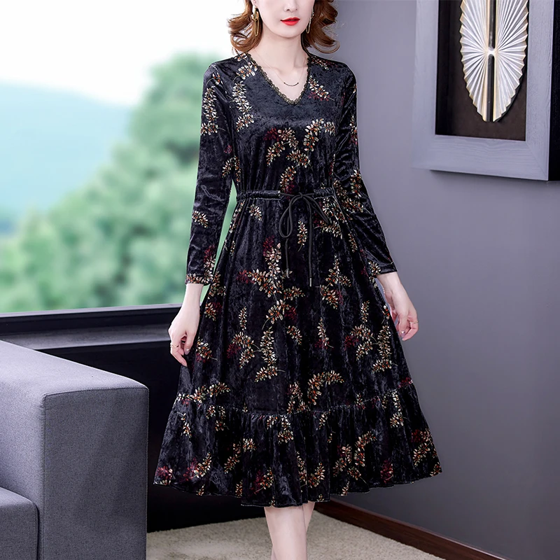 Black Natural Silk Velvet Dress Large Size Maxi Dress Autumn Korean Vintage Casual Dress  Women Elegant Bodycon Dress