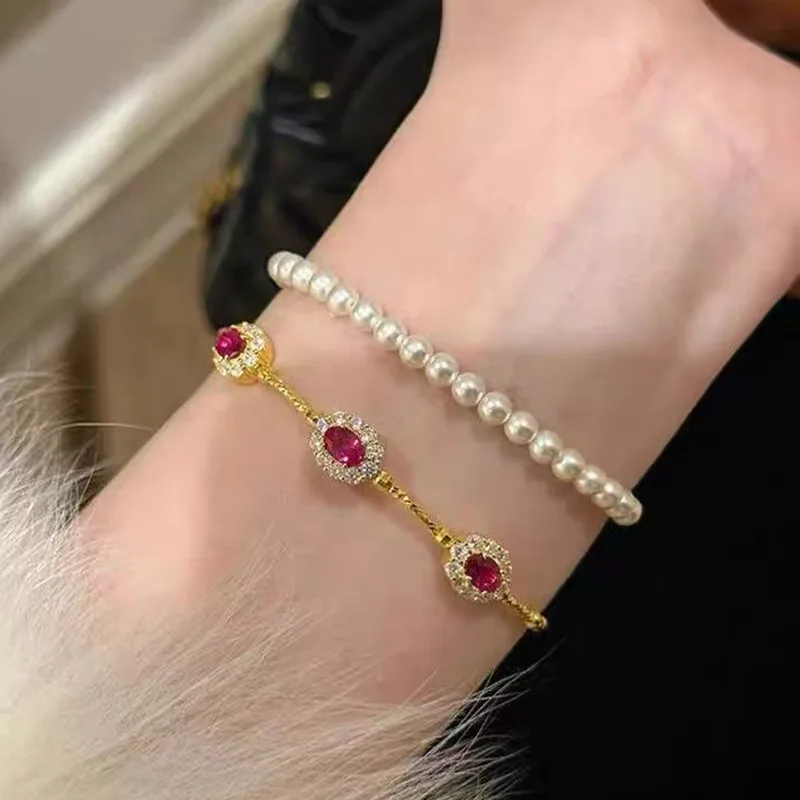 Jewelry S925 Silver New Year Red Gemstone Bracelet Ribbon Rupee Elastic Bangle