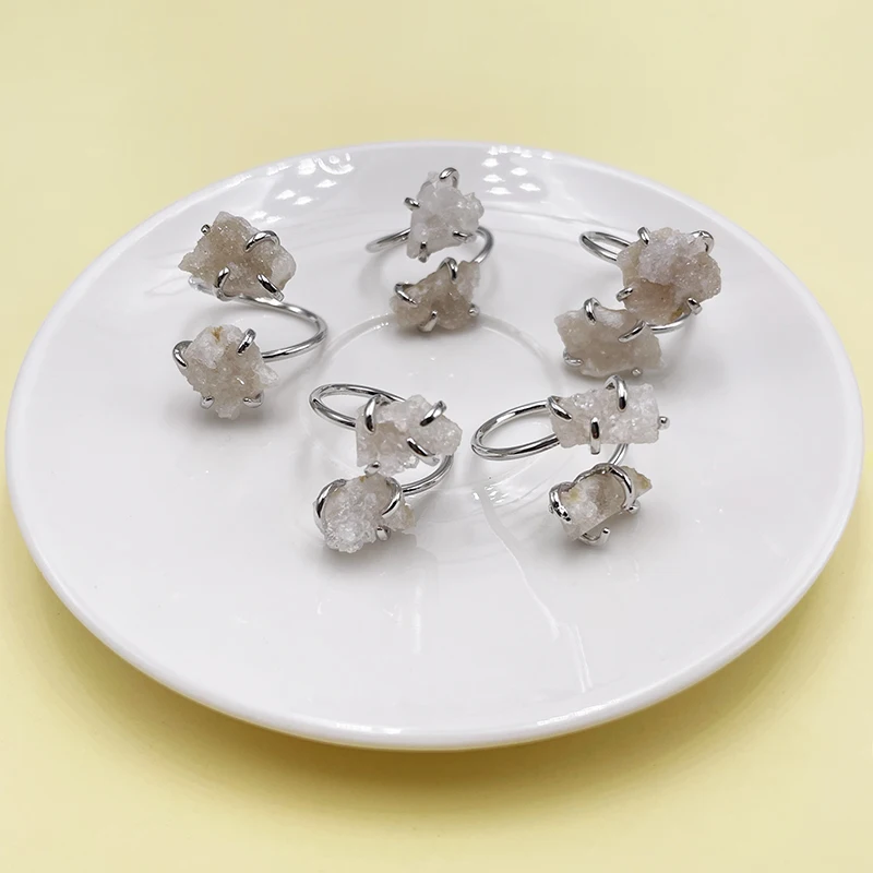 Irregular Crystal Cluster Open Ring for Women Girls Claw Setting Silver-color Boho Natural Stone Finger Jewelry Resizable